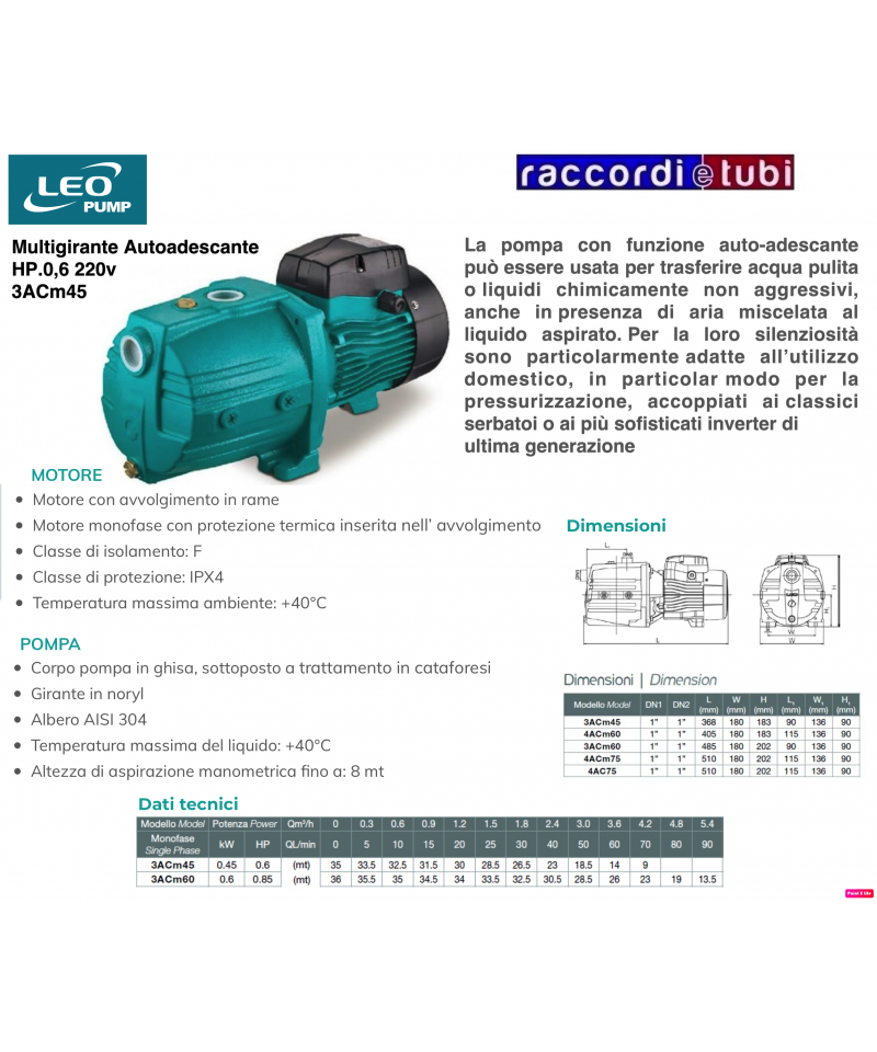 Elettropompa centrifuga multigiranti autoadescante Leo Pump 3ACm45 HP0,6
