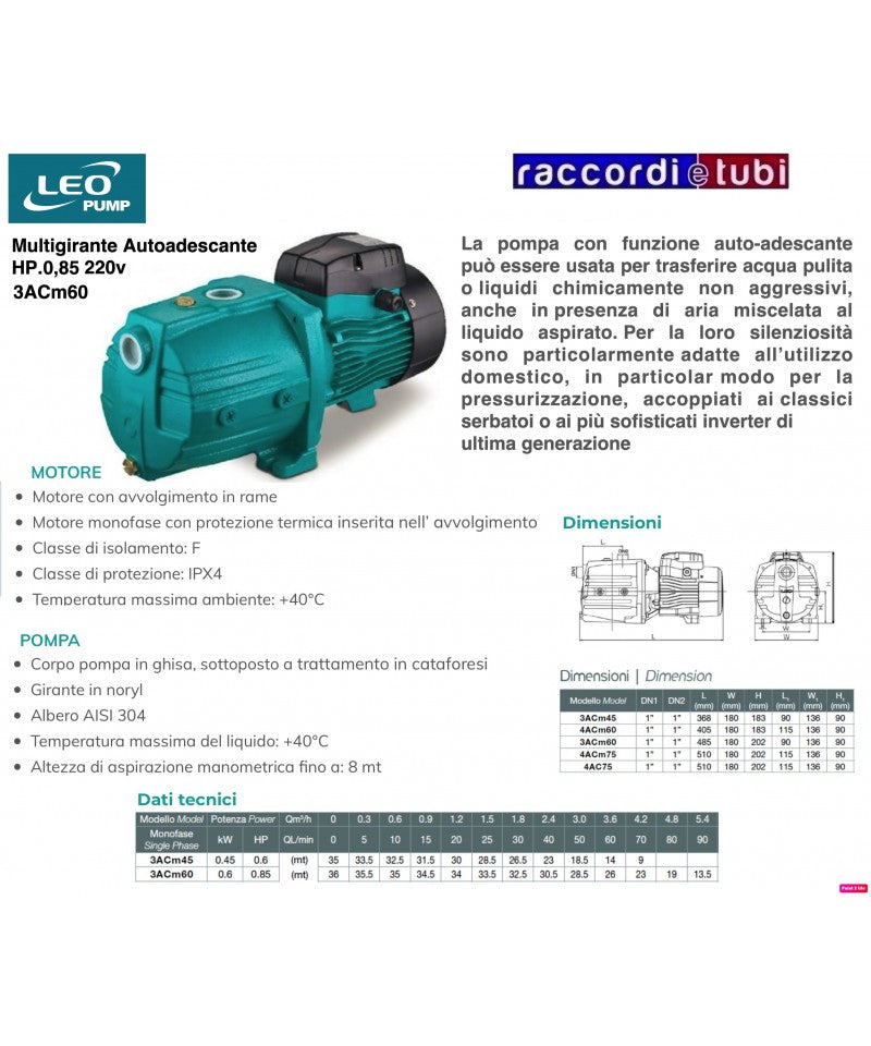 Elettropompa centrifuga multigiranti autoadescante Leo Pump 3ACm60 HP0,85
