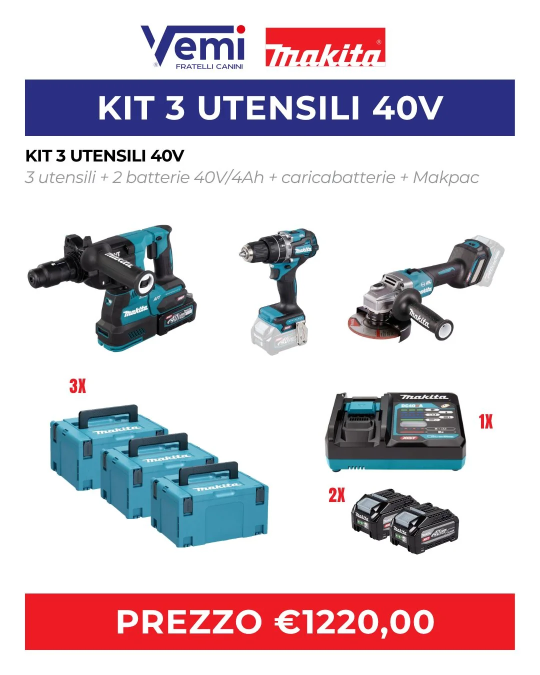KIT COMBINATO MAKITA GA023GZ01+HR002GM202+HP002GZ01 IN OMAGGIO 2 BATTERIE 40V
