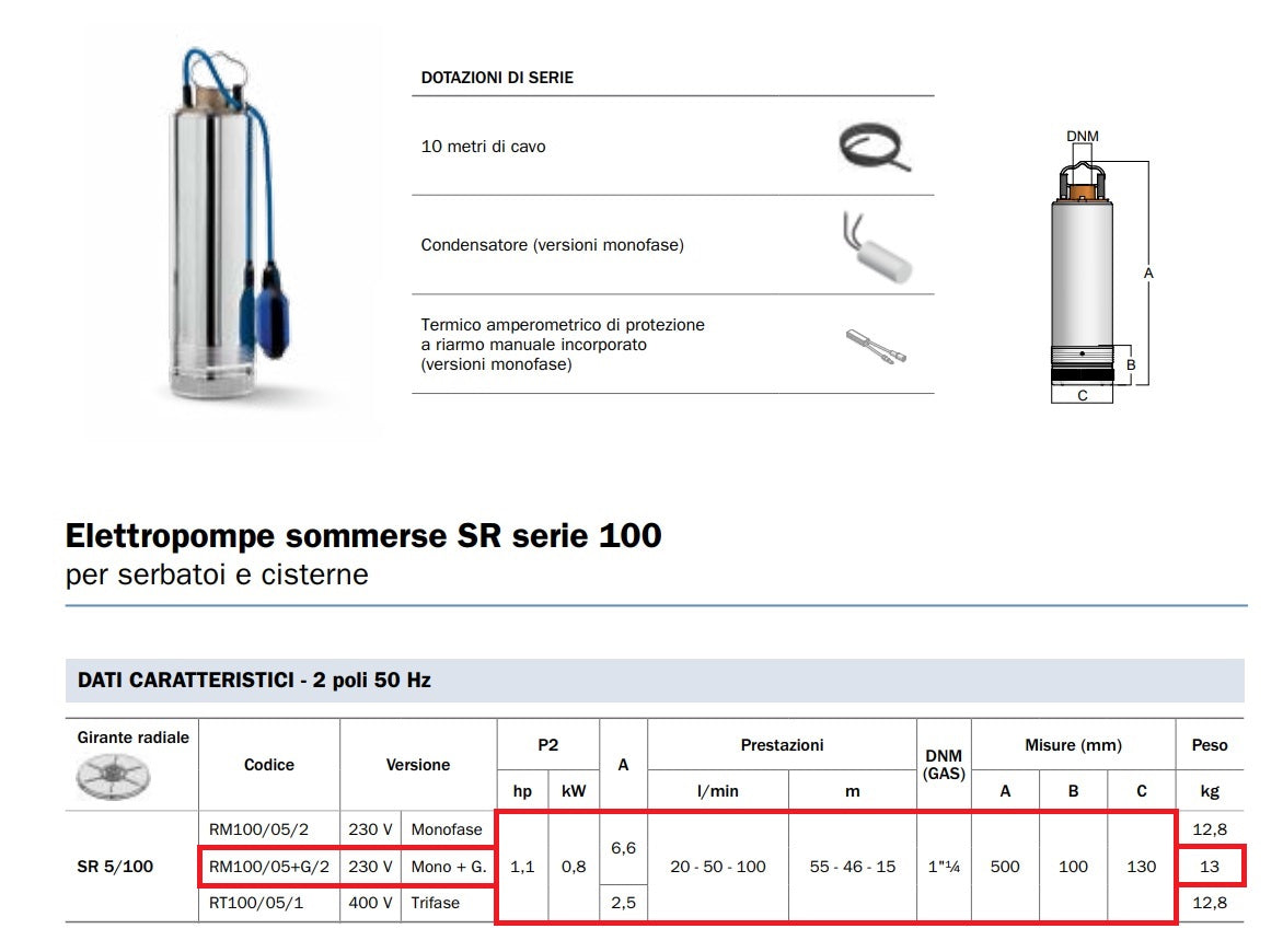 BBC ELETTROPOMPA SOMMERSA MONOBLOCCO RM100/05+G/2 230V 1,1HP
