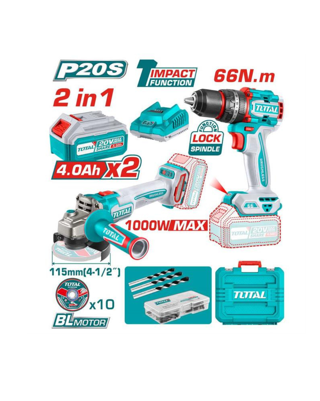 TRAPANO A PERCUSSIONI 20V SET TOTAL TIDLI20602E