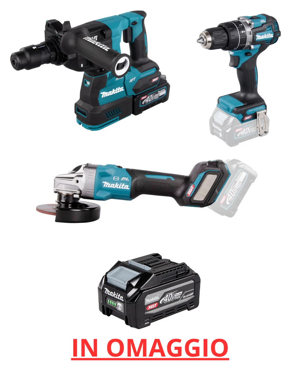 KIT COMBINATO MAKITA GA023GZ01+HR002GM202+HP002GZ01 IN OMAGGIO 2 BATTERIE 40V